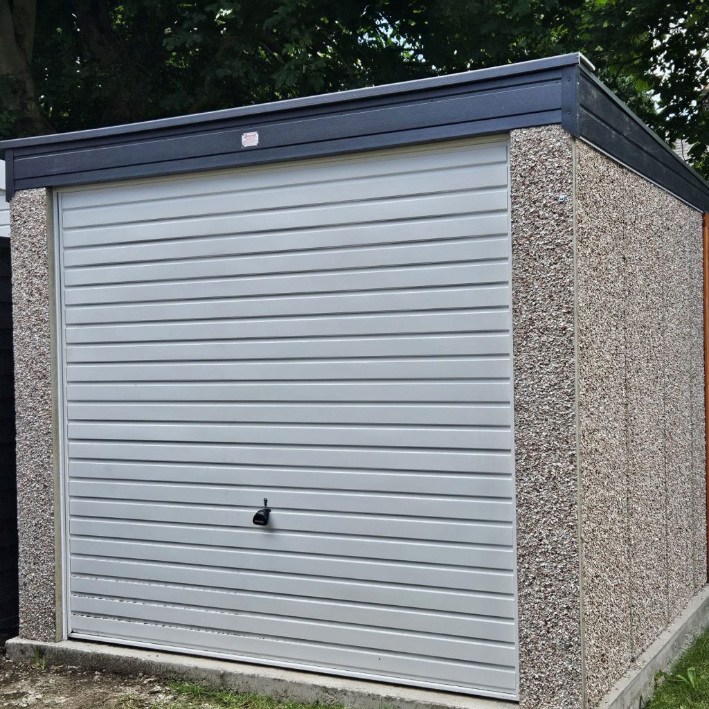 Concrete garages with a pent roofs have a roof slope from a high point to a low point ,usually sloping from to front to the back